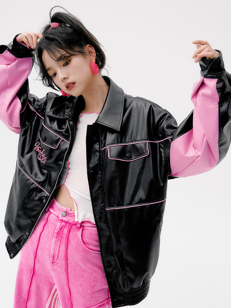 Contrasting Color Handsome All Match Oversize Ladies Leather Jacket.