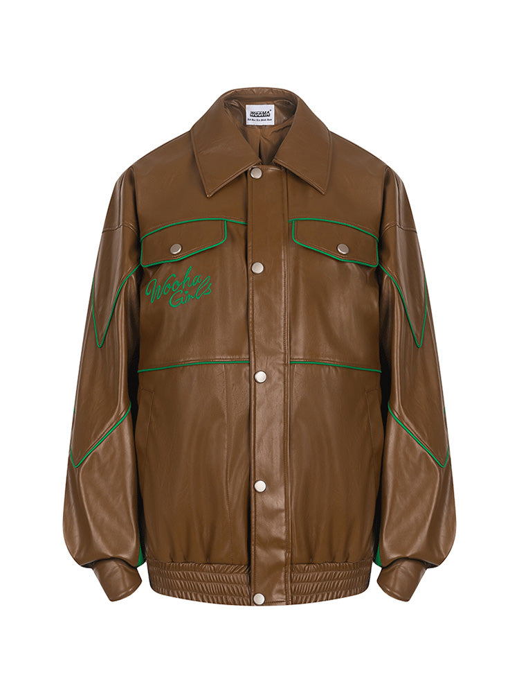 Contrasting Color Handsome All Match Oversize Ladies Leather Jacket.