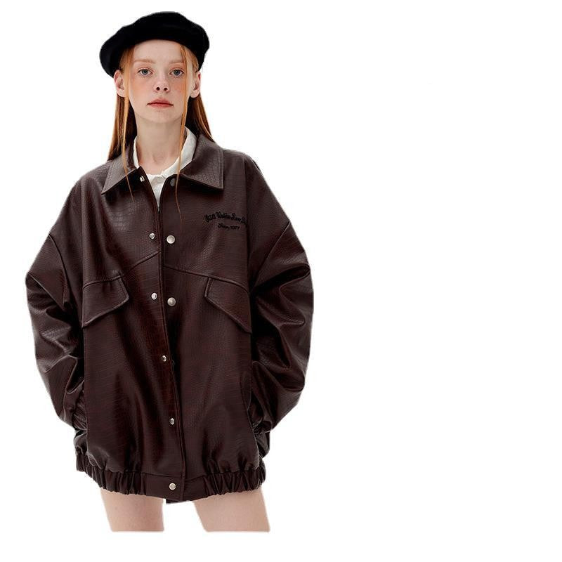 Ladies Leather Jacket Lapel Loose Retro Top