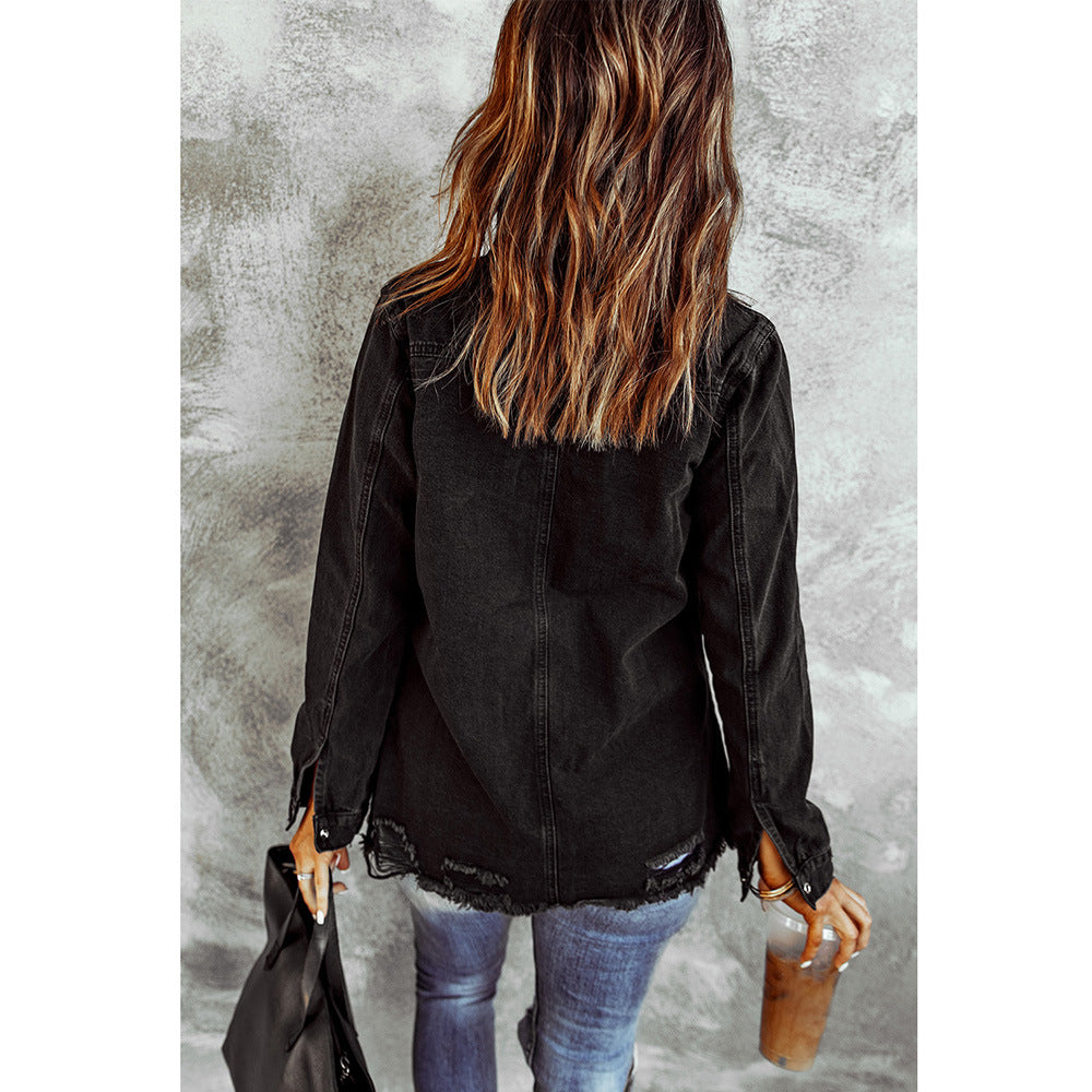 Black Ripped Shirt Denim Long Sleeve Ladies Jacket.