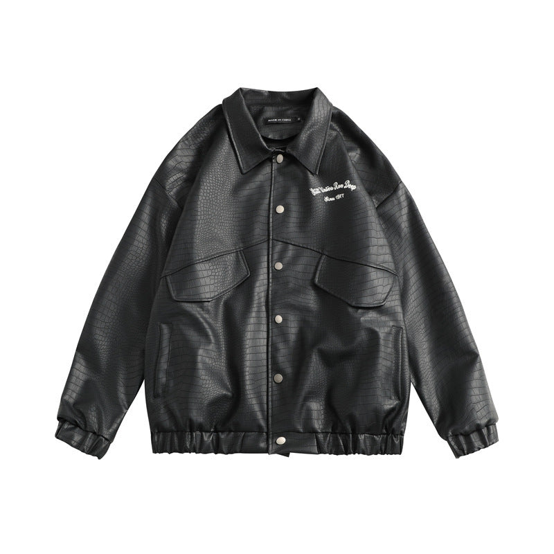 Ladies Leather Jacket Lapel Loose Retro Top
