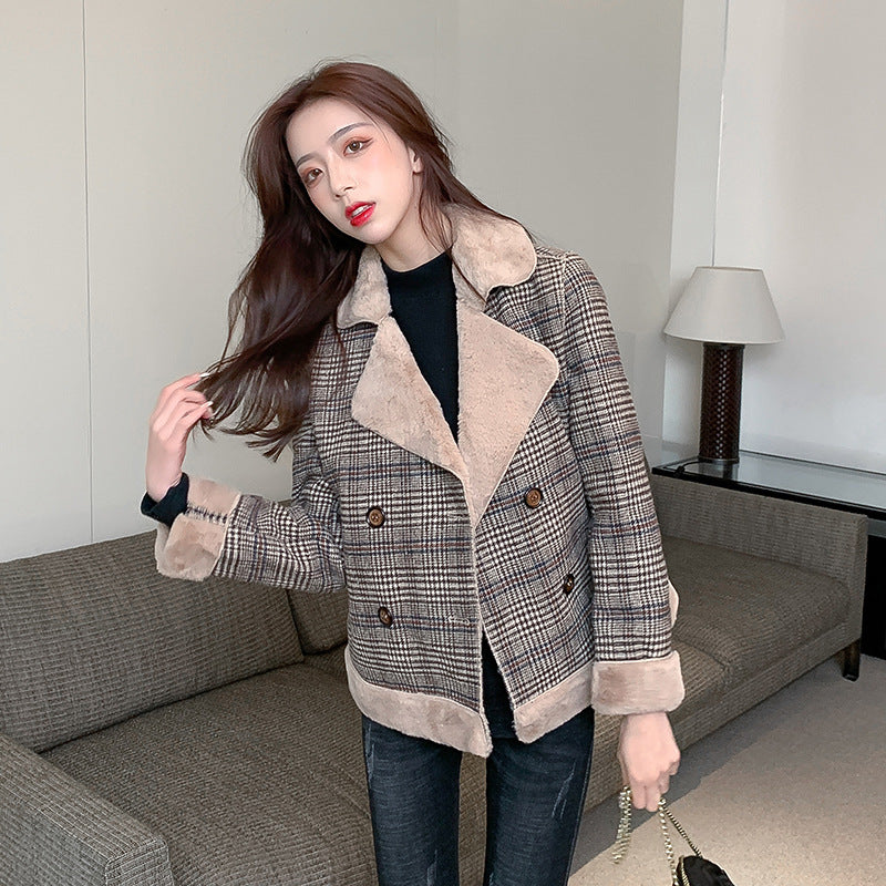 Autumn And Winter Tide All-match Thick Plaid Woolen Fur