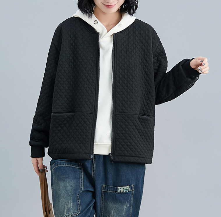 New Ladies Round Neck Long Sleeve Black Baseball Jackets.
