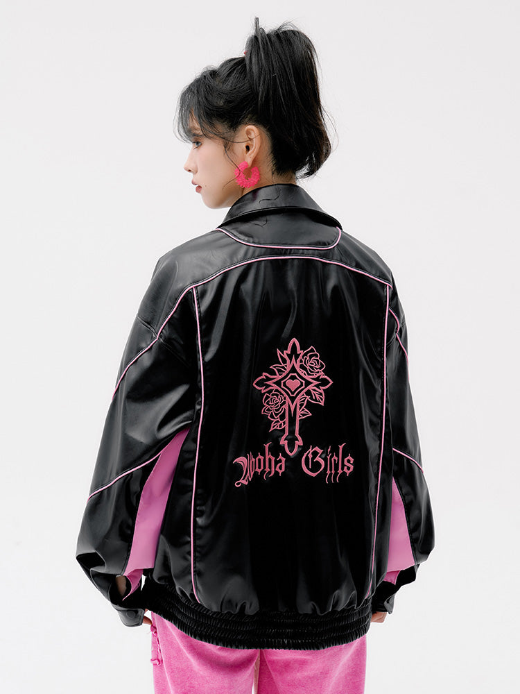 Contrasting Color Handsome All Match Oversize Ladies Leather Jacket.