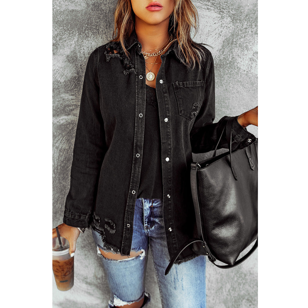 Black Ripped Shirt Denim Long Sleeve Ladies Jacket.