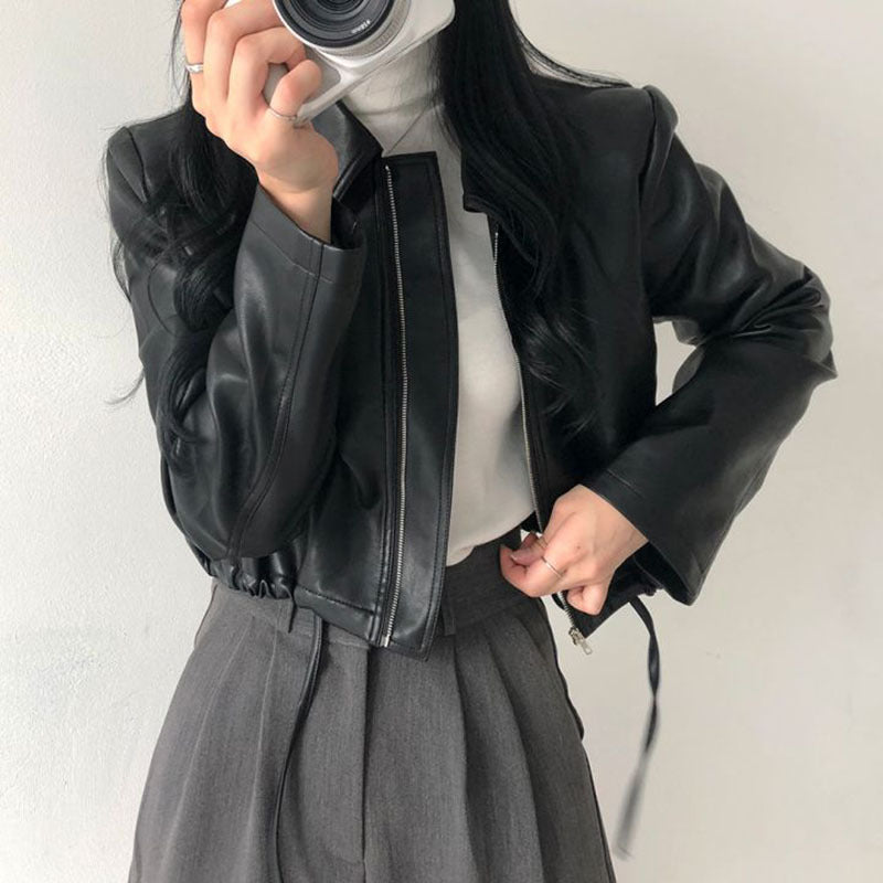 Lapel Zipper Loose Casual Short Leather Coat