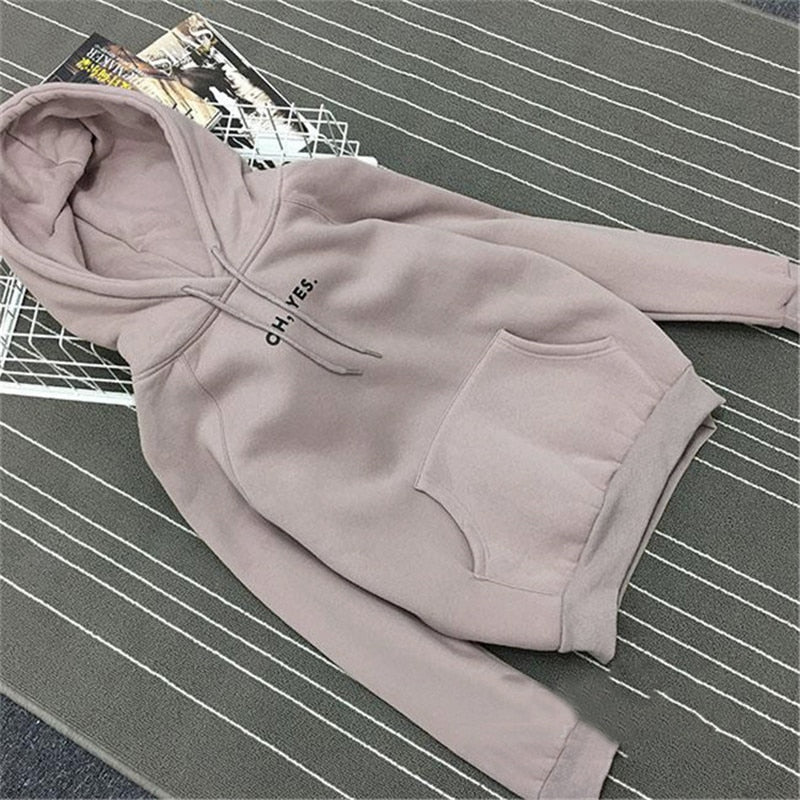 Autumn Winter Fleece Oh Yes Letter Harajuku Print Pullover Thick Loose Women Hoodies Sweatshirt Female Clothes Pink Casual Coat