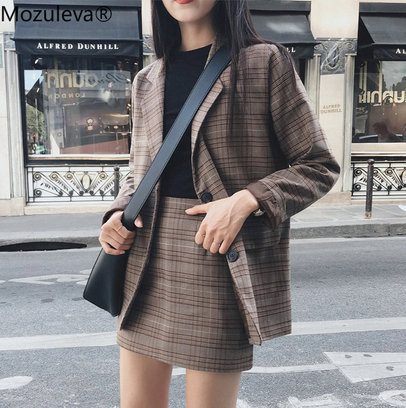 Ladies Plaid Blazer Set Single-breasted Jacket Skirt 2 Pieces Skirt Suit.