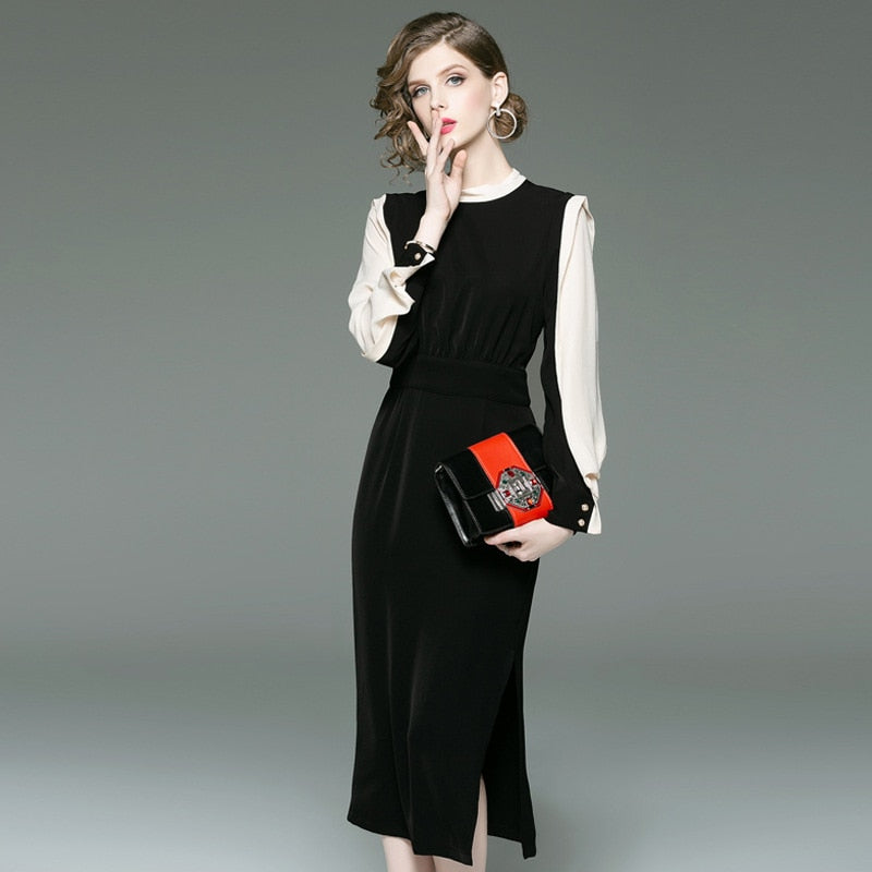 New classic contrast color slim dress.