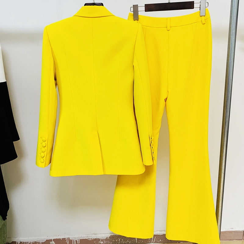 HIGH QUALITY Newest 2022 Runway Designer Suit Set Women's Career Single Button Blazer Jacket Flare Pants Suit 2pcs Set