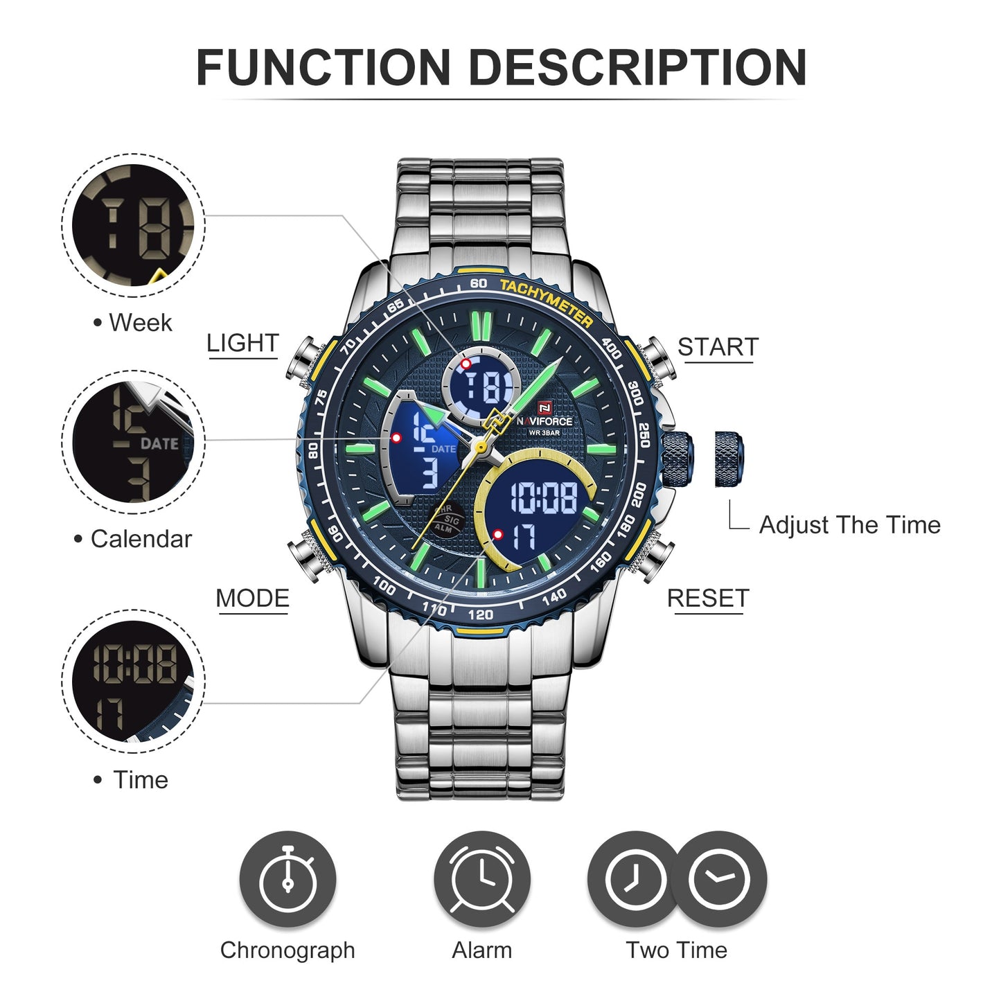 NAVIFORCE Men Watch Luxury Brand Sport Watch For Men Digital Chronograph Quartz Wristwatch Military Waterproof Steel Band Clock