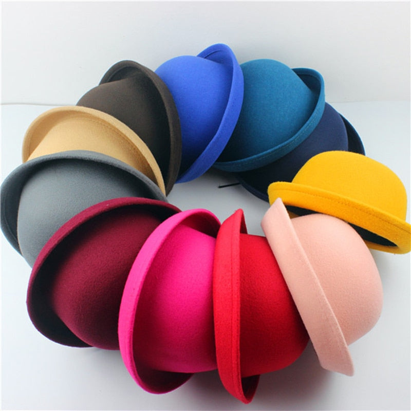 Trendy Women Girl Dome Top Cap Solid Color Cotton Polyester Fedora Hats Children Bowler Hat Casual Parent-child Fedoras Cap