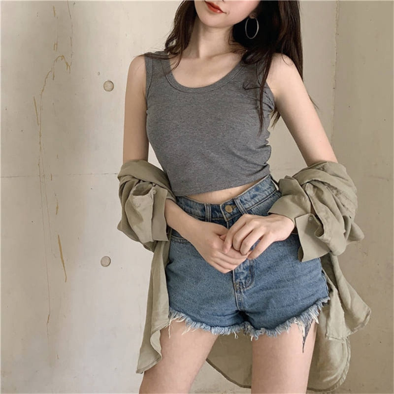 White Knitted Round Neck Women's T Shirt Sexy Sleeveless Camisole Crop Top.