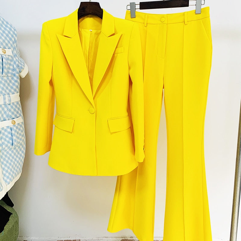 HIGH QUALITY Newest 2022 Runway Designer Suit Set Women's Career Single Button Blazer Jacket Flare Pants Suit 2pcs Set