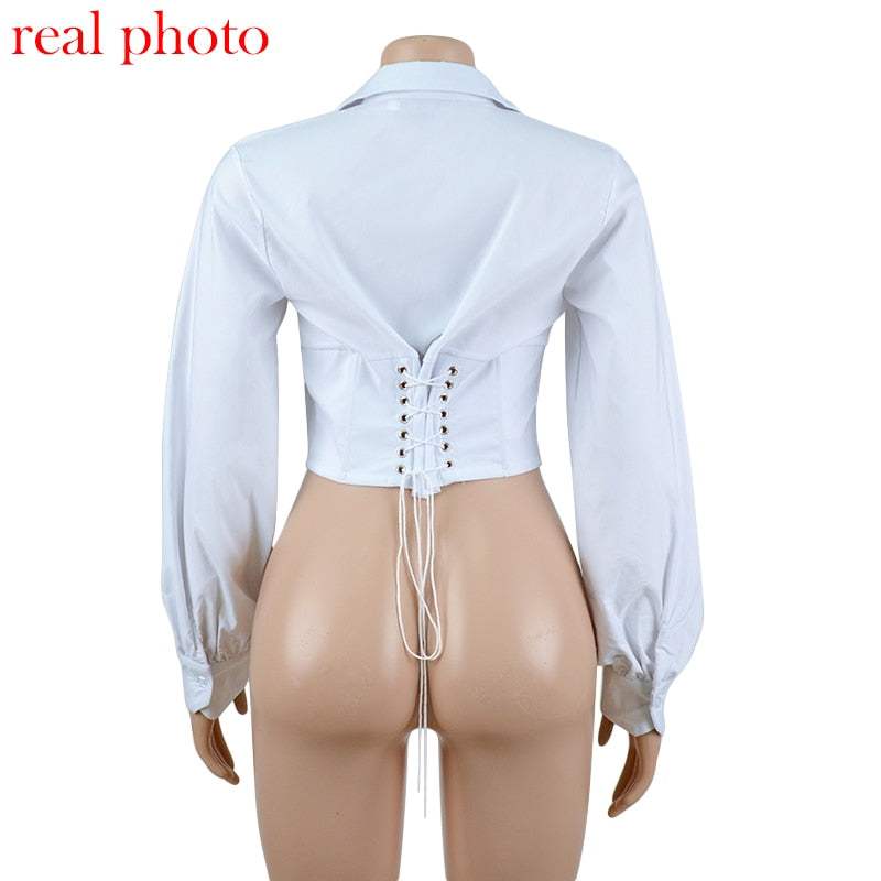VIBESOOTD Lace Up White Sexy V-Neck Women Tops and Blouses Long Sleeve Fashion Crop Tops Shirts Ladies Blouses Streetwear