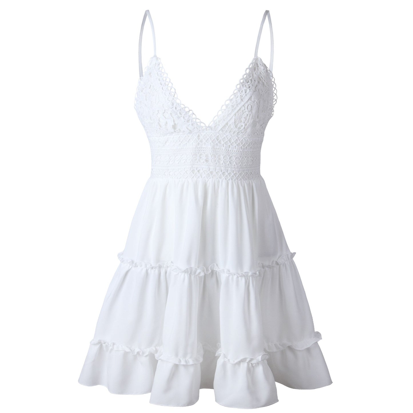 Ladies Summer White Lace Halter Dress. Sexy Backless Beach Fashion, Sleeveless Spaghetti Strap Casual Mini Sundress.