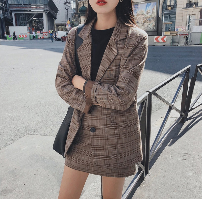 Ladies Plaid Blazer Set Single-breasted Jacket Skirt 2 Pieces Skirt Suit.