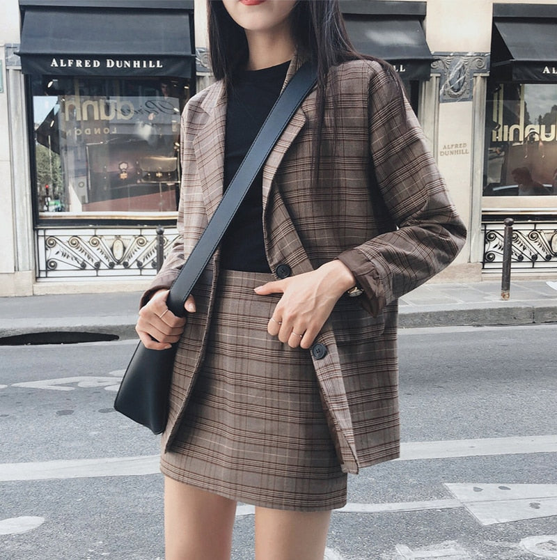 Ladies Plaid Blazer Set Single-breasted Jacket Skirt 2 Pieces Skirt Suit.
