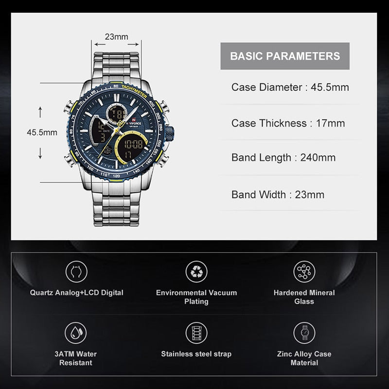 NAVIFORCE Men Watch Luxury Brand Sport Watch For Men Digital Chronograph Quartz Wristwatch Military Waterproof Steel Band Clock