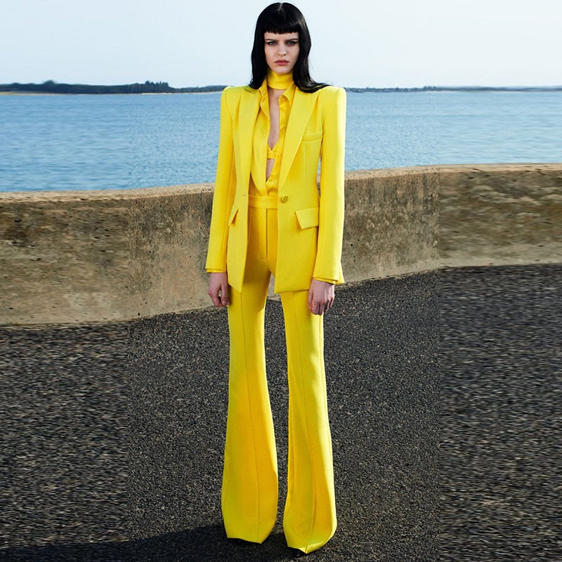 HIGH QUALITY Newest 2022 Runway Designer Suit Set Women's Career Single Button Blazer Jacket Flare Pants Suit 2pcs Set