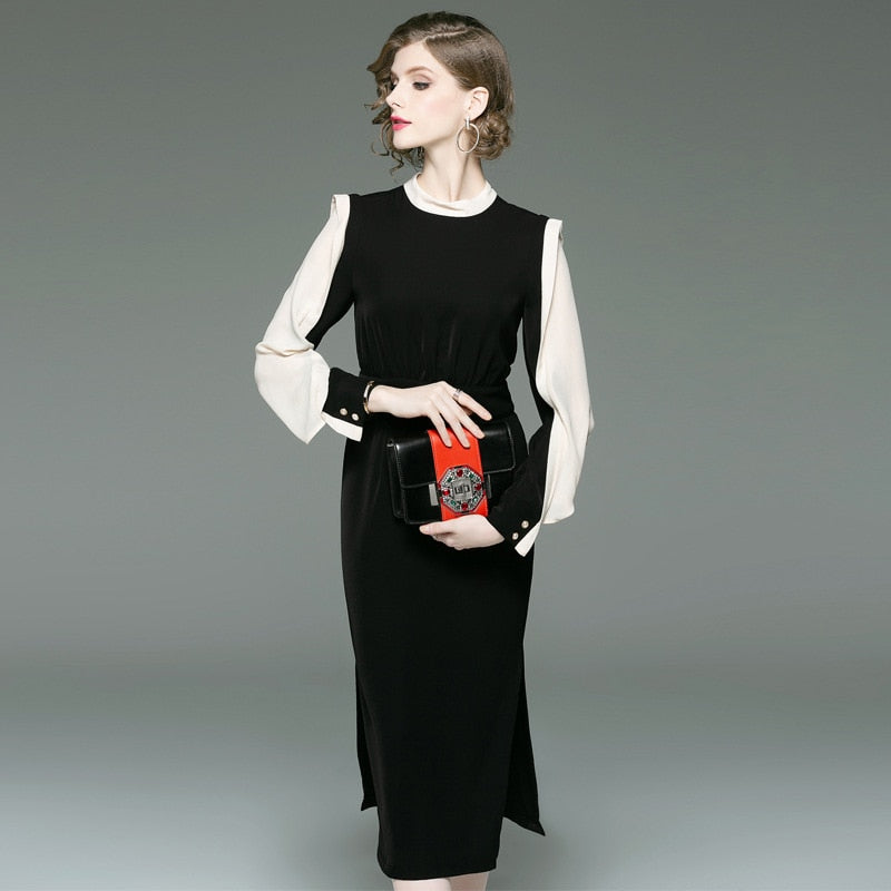 New classic contrast color slim dress.