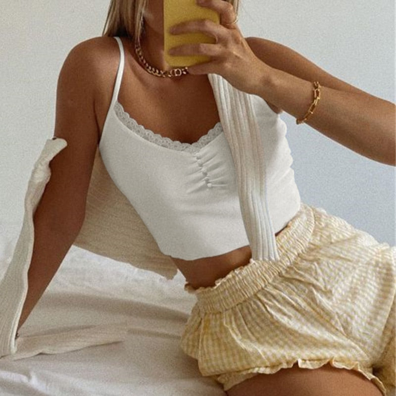 Sweetown Streetwear Lace Patchwork Summer Solid White Tank Top Women Home Fashion Leisure Outfit Casual Crop Tops Kawaii Clothes
