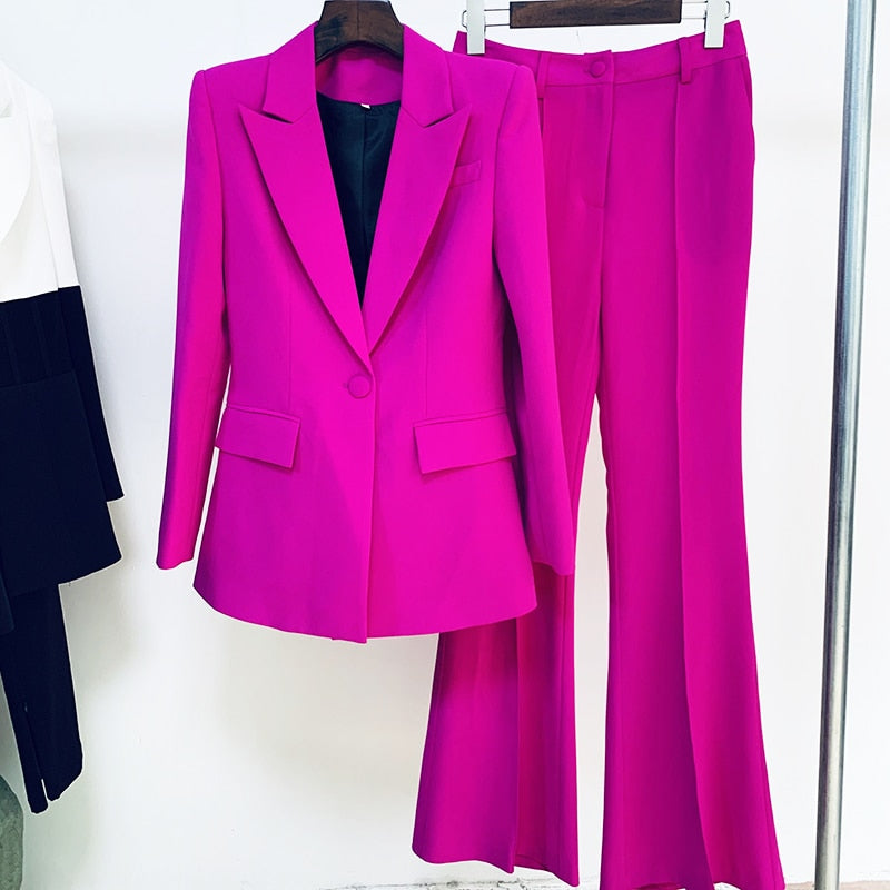 HIGH QUALITY Newest 2022 Runway Designer Suit Set Women's Career Single Button Blazer Jacket Flare Pants Suit 2pcs Set