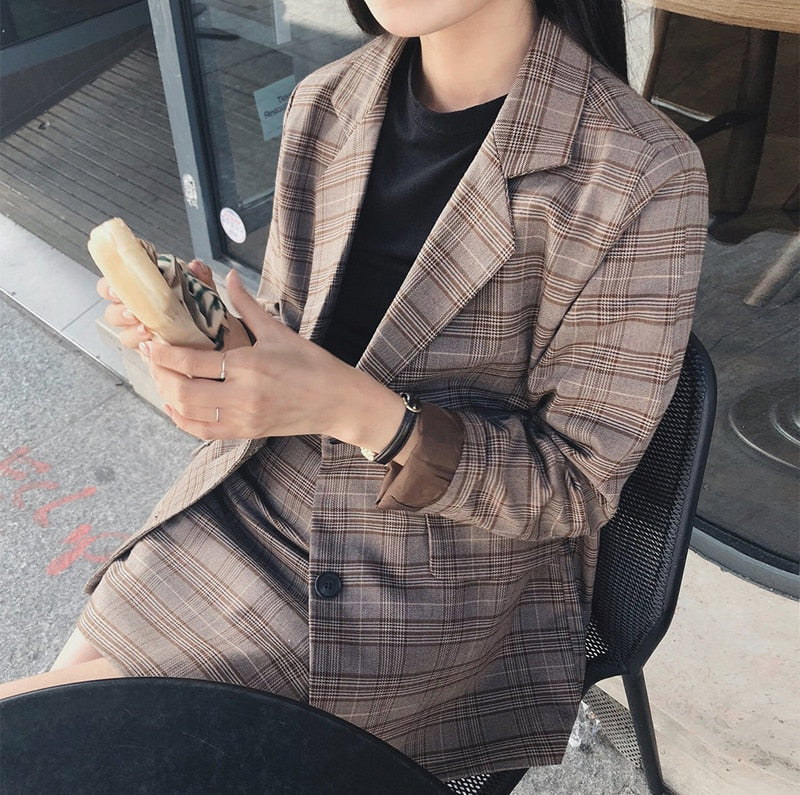 Ladies Plaid Blazer Set Single-breasted Jacket Skirt 2 Pieces Skirt Suit.