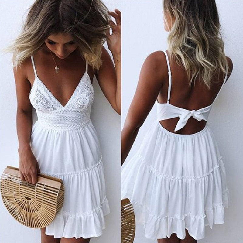 Ladies Summer White Lace Halter Dress. Sexy Backless Beach Fashion, Sleeveless Spaghetti Strap Casual Mini Sundress.