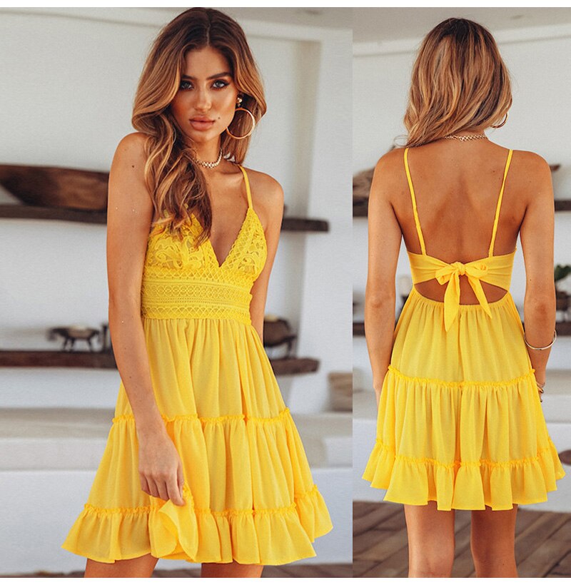 Ladies Summer White Lace Halter Dress. Sexy Backless Beach Fashion, Sleeveless Spaghetti Strap Casual Mini Sundress.