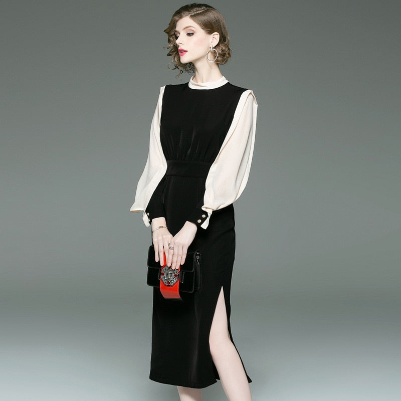New classic contrast color slim dress.