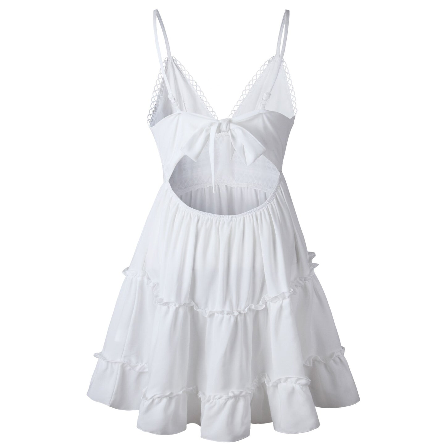 Ladies Summer White Lace Halter Dress. Sexy Backless Beach Fashion, Sleeveless Spaghetti Strap Casual Mini Sundress.
