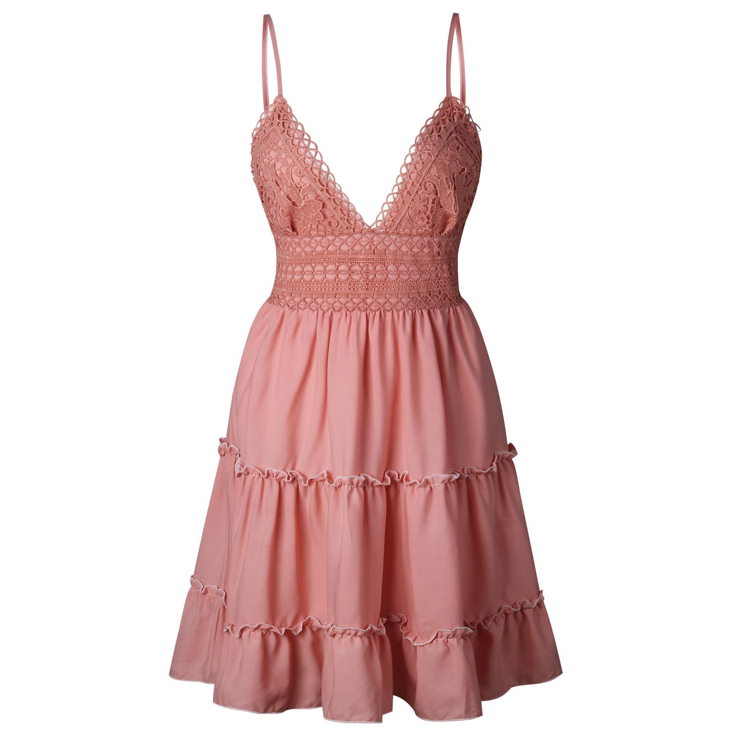 Ladies Summer White Lace Halter Dress. Sexy Backless Beach Fashion, Sleeveless Spaghetti Strap Casual Mini Sundress.