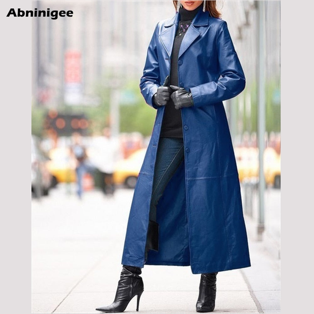 Ladies Long Leather Jacket. Solid Color Steampunk Gothic Lapel, Biker Jacket Faux Fur Coat