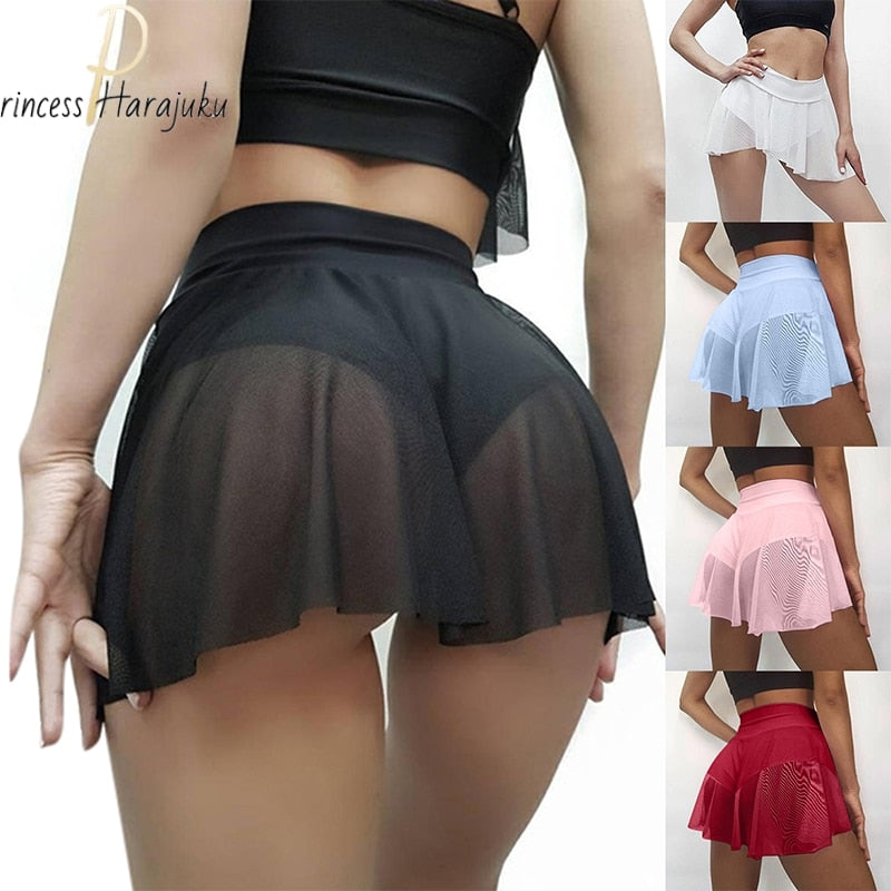 Summer Shorts Womens Fitness Sexy Veil Skirt Girls Gym Short Dance Skirt Shorts Solid Color Pantskirt Anti-emptied Shorts 2021
