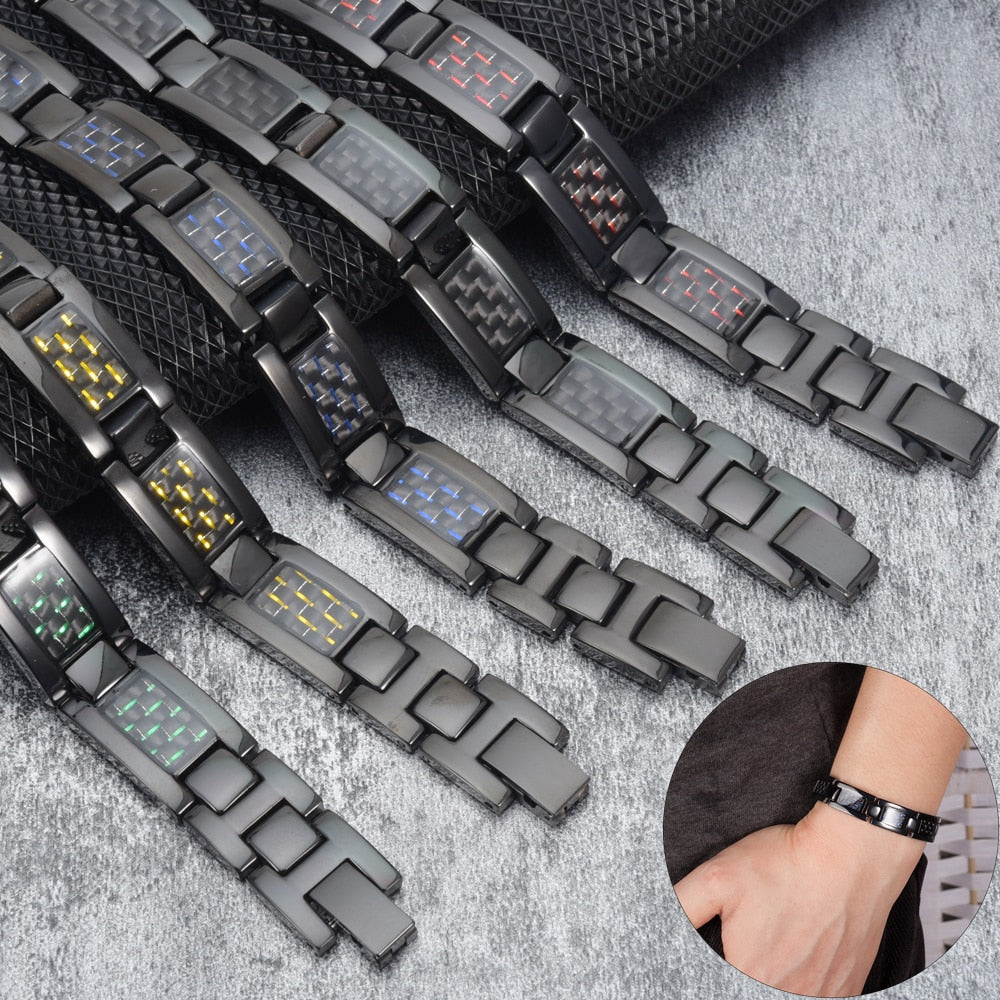 Vinterly Black Magnetic Bracelet Men Stainless Steel Energy Germanium Men Bracelet Hand Chain Carbon Fiber Hologram Bracelet Men