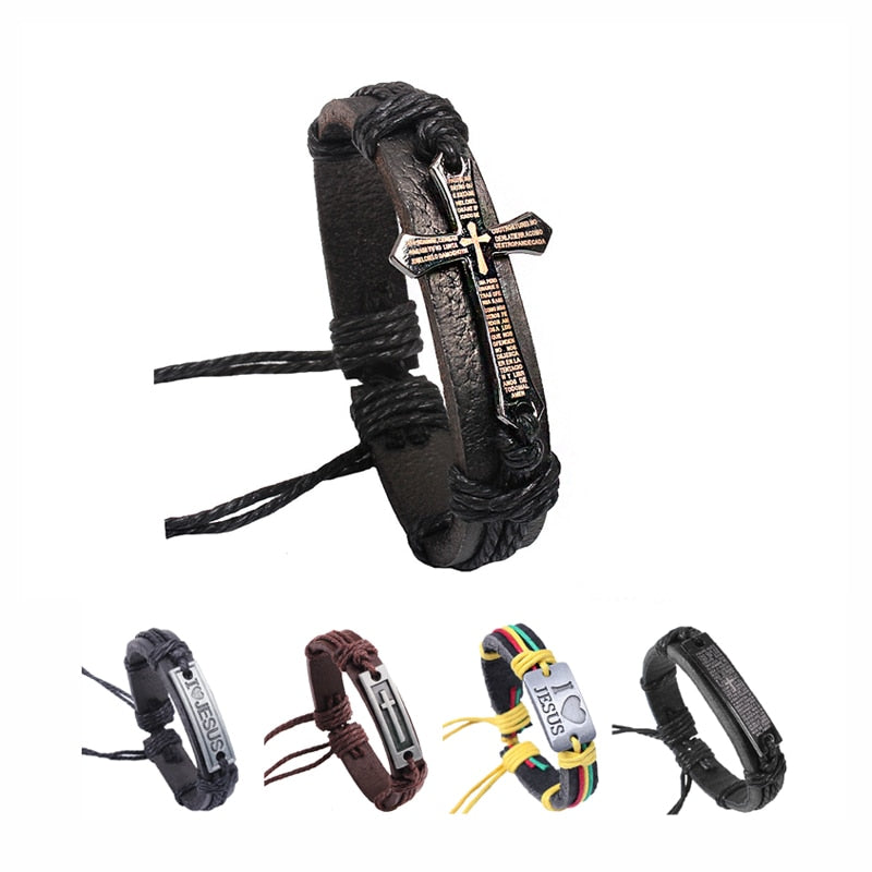 New Fashion Men Jewelry Vintage Leather Bracelets & Bangles Metal Cross Jesus Rope Bracelet Adjustable Wax Cord Brown Black