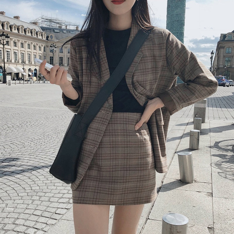 Ladies Plaid Blazer Set Single-breasted Jacket Skirt 2 Pieces Skirt Suit.