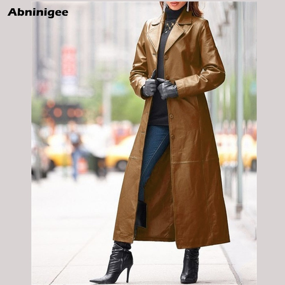 Ladies Long Leather Jacket. Solid Color Steampunk Gothic Lapel, Biker Jacket Faux Fur Coat