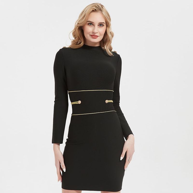 Hashupha 2023, Summer Black Mini Bandage Dress. Women's Long Sleeve O Neck Bodycon Sexy Elegant Club Evening Party Dress.