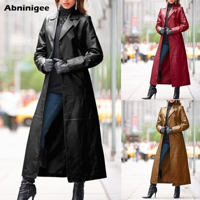 Ladies Long Leather Jacket. Solid Color Steampunk Gothic Lapel, Biker Jacket Faux Fur Coat