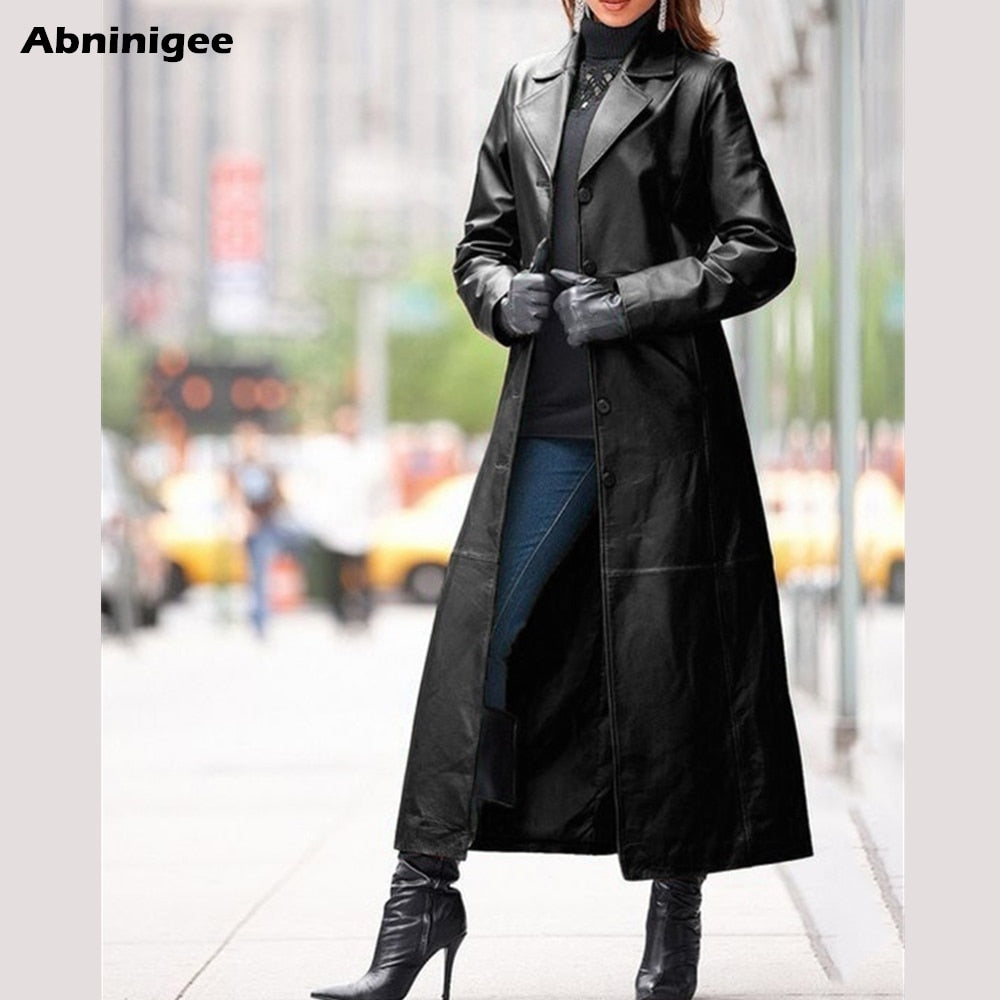 Ladies Long Leather Jacket. Solid Color Steampunk Gothic Lapel, Biker Jacket Faux Fur Coat