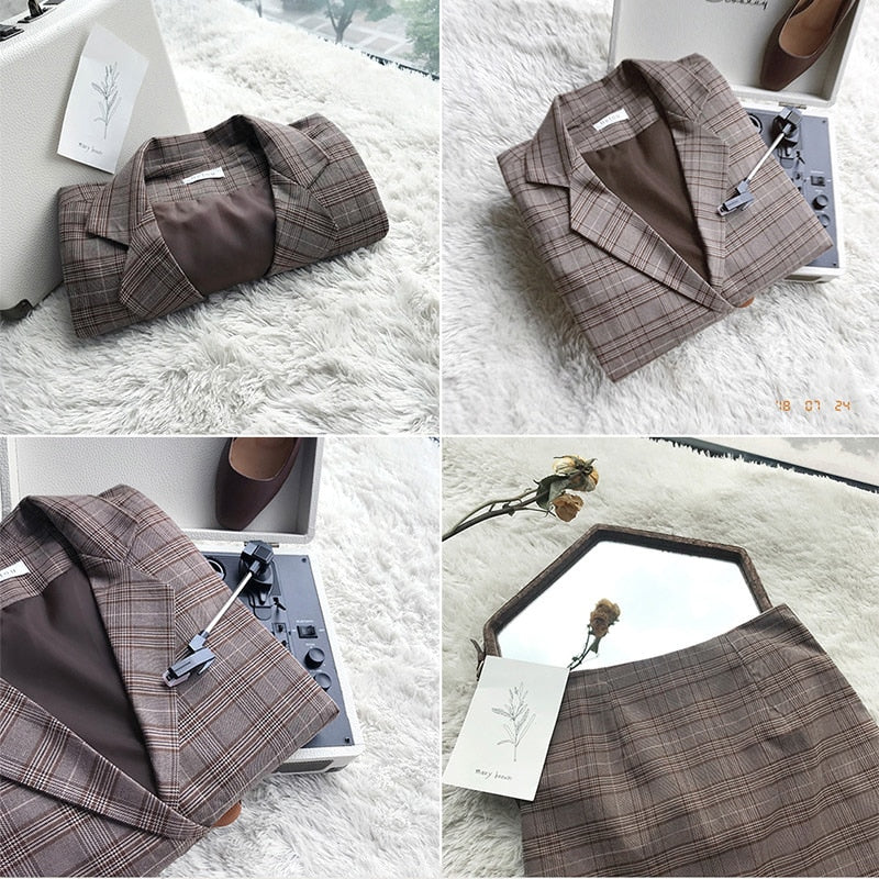 Ladies Plaid Blazer Set Single-breasted Jacket Skirt 2 Pieces Skirt Suit.