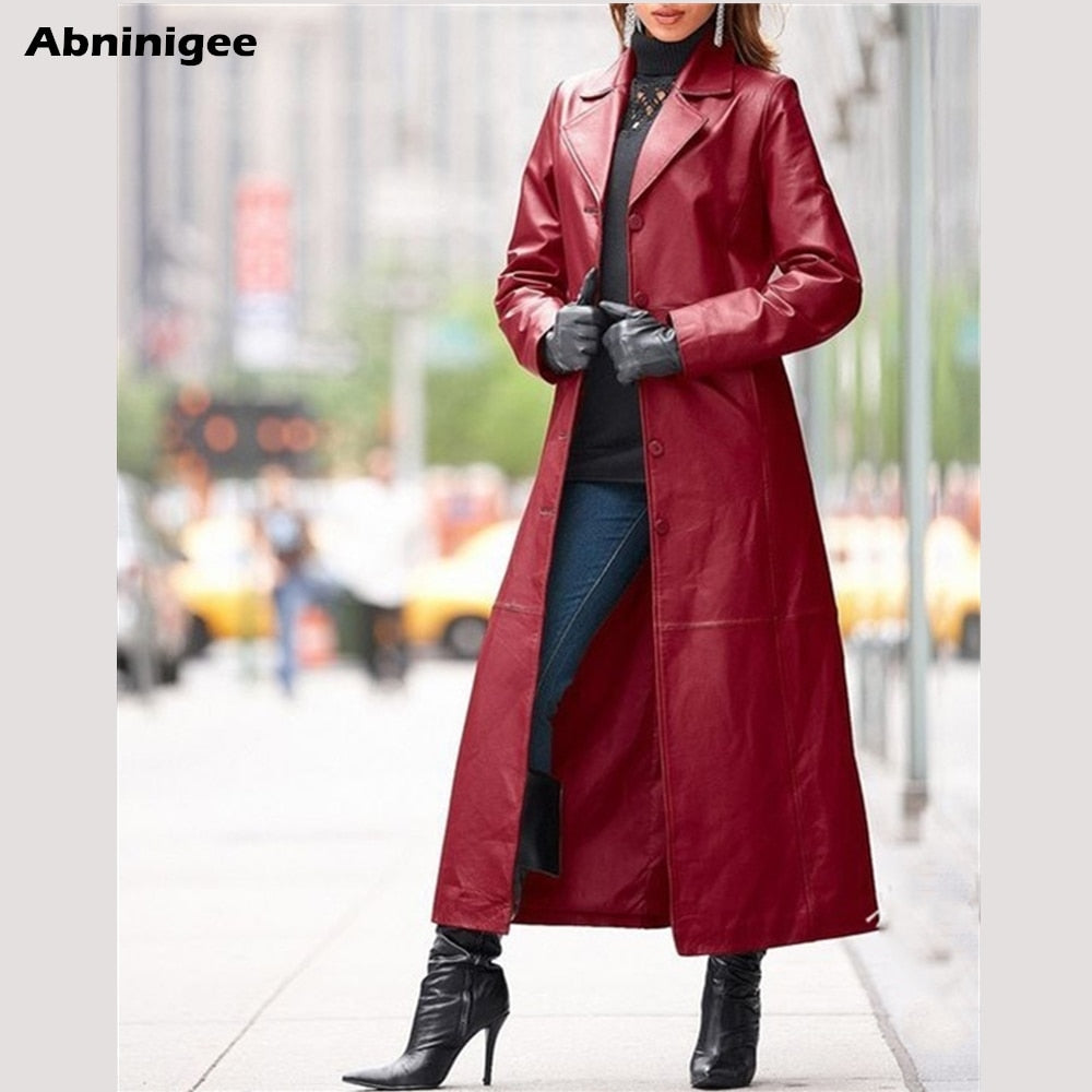Ladies Long Leather Jacket. Solid Color Steampunk Gothic Lapel, Biker Jacket Faux Fur Coat