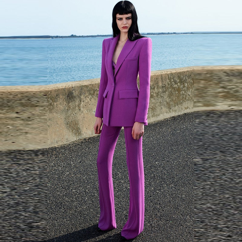 HIGH QUALITY Newest 2022 Runway Designer Suit Set Women's Career Single Button Blazer Jacket Flare Pants Suit 2pcs Set