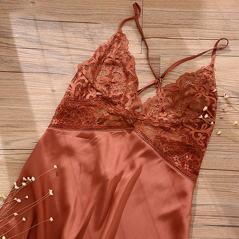 New Lingerie Backless Lace V-neck Nightwear Satin Nightdress