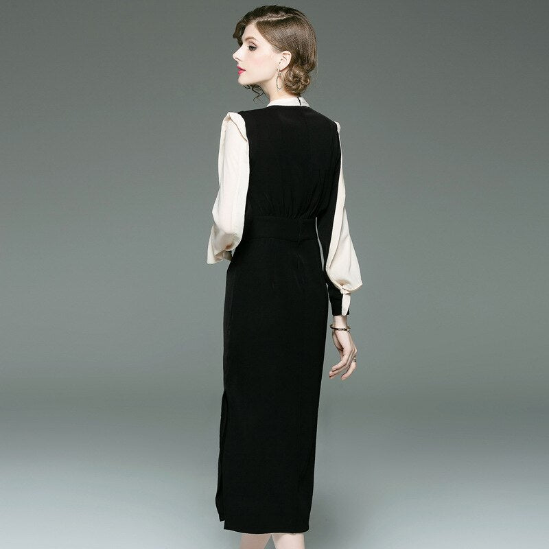 New classic contrast color slim dress.