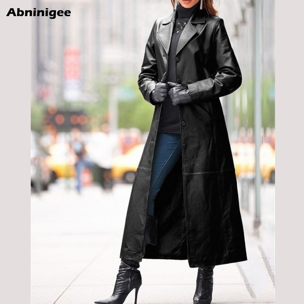 Ladies Long Leather Jacket. Solid Color Steampunk Gothic Lapel, Biker Jacket Faux Fur Coat