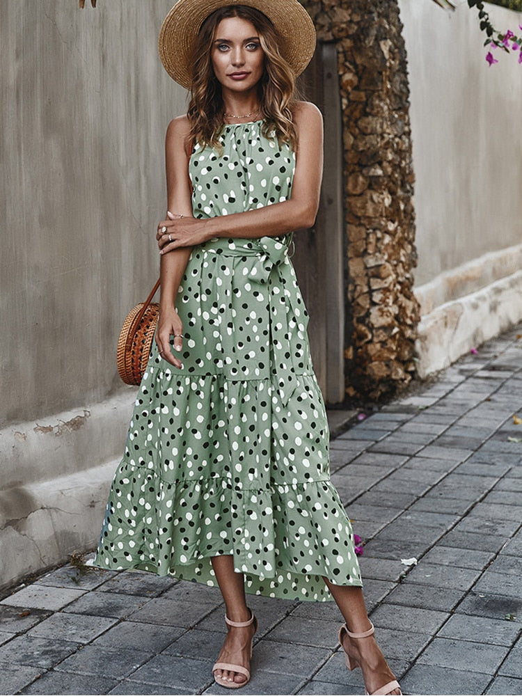 Ladies Summer Polka-Dot Long Beach Dress, Strapless Casual White Midi Sundress.