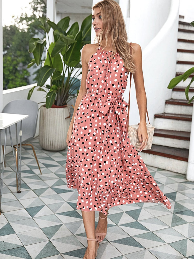 Ladies Summer Polka-Dot Long Beach Dress, Strapless Casual White Midi Sundress.